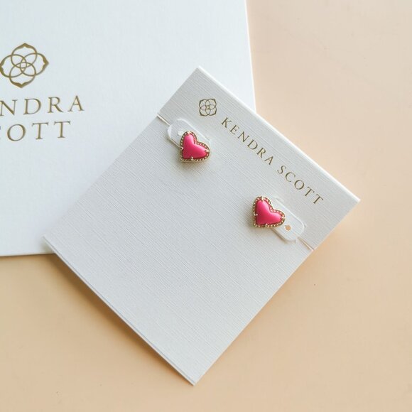 Kendra Scott Ari Heart Collection. Gold Neon Pink Stud Earrings - Picture 2 of 3